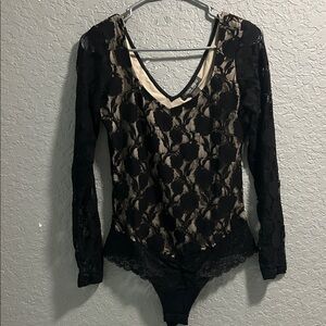 Bisou Bisou Black and Cream Lace Bodysuit
